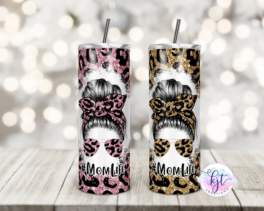 Mom Life Messy Bun Leopard Faux Glitter Tumbler choice of Color - Etsy