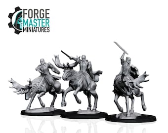 May include: Three gray miniature figures of warriors riding elk, each holding a sword. The figures are on black bases. The text "FORGE MASTER MINIATURES" is in the upper left corner.