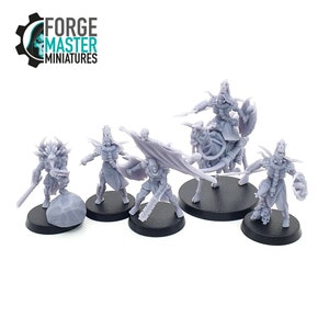 May include: A set of six grey plastic miniature figures, including a mounted figure, with swords and shields. The figures are on black bases. The figures are part of a fantasy game.