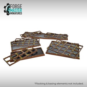 May include: A set of six brown, rectangular, textured, modular terrain pieces with a grid pattern. Each piece has a raised edge and is covered in small, green, and gray textured elements. The pieces are arranged in a scattered pattern on a white background. *Flocking & basing elements not included.*
