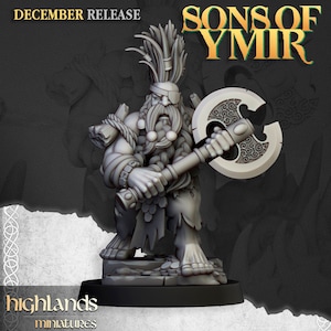 May include: A grey plastic miniature of a dwarf warrior with a beard and a large axe. The dwarf is wearing a loincloth and has a braided hairstyle. The miniature is standing on a round base. The text "Sons of Ymir" is visible in the background.