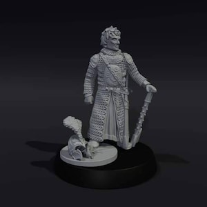 May include: A grey plastic miniature figurine of a knight wearing chainmail armour and a crown. The knight is holding a staff and standing on a round base. A helmet is lying on the base.