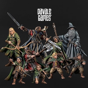 May include: A collection of detailed miniature figures depicting characters from a fantasy world, including warriors and a wizard. The figures are in dynamic poses, holding weapons and wearing detailed costumes. The logo "DAVALE GAMES" is at the top.
