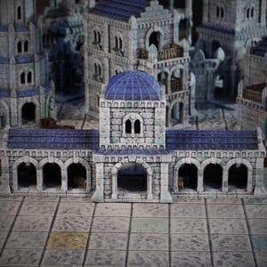 Peut inclure: Un bâtiment en pierre grise avec un toit bleu et des portes cintrées. Le bâtiment a une façade en pierre avec un toit en tuiles bleues. Le bâtiment a plusieurs portes cintrées, chacune avec un intérieur sombre.