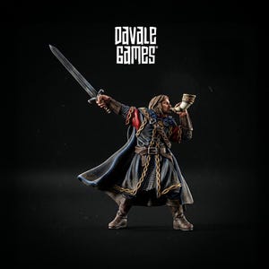May include: A miniature figure of a warrior in a dark blue and black cloak, holding a sword and a horn. The figure is wearing armour with gold accents and brown boots. The figure is from Davale Games.