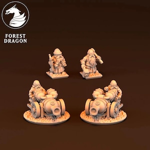 Może przedstawiać: Cztery miniaturowe figurki krasnoludów fantasy. Dwa krasnoludy stoją z narzędziami, a dwa jadą na armatach. Figurki są jasnobrązowe i stoją na okrągłych podstawach. Logo Forest Dragon znajduje się w lewym górnym rogu.