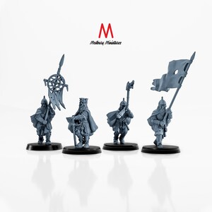 Può includere: Quattro miniature di guerrieri in plastica grigia con spade e scudi, due che tengono bandiere, uno con una corona, tutti in piedi su basi nere. Le miniature fanno parte di un set di miniature per giochi da tavolo.