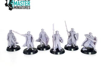 May include: Six grey plastic miniature figures of warriors with swords and shields, standing on black bases. The figures are posed in various fighting stances. The figures are from Forge Master Miniatures.