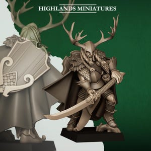 May include: A detailed miniature figure of a warrior with large antlers, wearing armor and a cape, holding a curved sword. The figure is on a black base, with the text "HIGHLANDS MINIATURES" above. The figure is a bronze color.