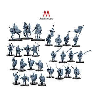 Puede incluir: Un conjunto de 25 figuras en miniatura de plástico gris sin pintar de guerreros, algunos a caballo, con espadas, escudos, arcos y flechas, y lanzas. Las figuras están sobre bases redondas. Las figuras son de la empresa "Medbury Miniatures".