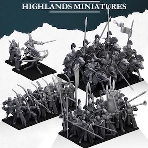 Può includere: Un set di miniature in plastica non dipinte che rappresentano elfi con archi e frecce, spade e lance. Le miniature sono disposte in tre gruppi su una base nera. Le miniature fanno parte di un set di wargame fantasy.