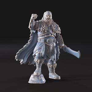 May include: A light blue warrior figurine with a long beard, fur accents, and a cape. The figure is holding a sword and stands on a rock-like base. The design suggests a fantasy theme. The figurine's details are intricate and well-defined.