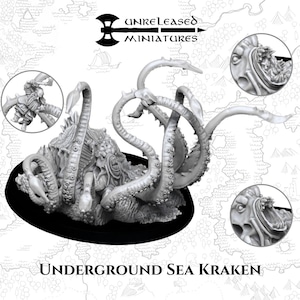 May include: A grey miniature of an Underground Sea Kraken, with multiple tentacles and detailed features. The miniature is on a black base, with additional figures and close-up views of the Kraken's features. The text "UNRELEASED MINIATURES" and "UNDERGROUND SEA KRAKEN" are also visible.