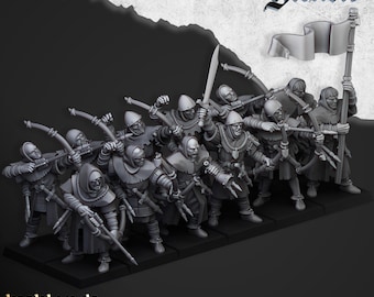 May include: A group of 12 gray plastic miniature figures of medieval archers, all wearing hooded cloaks and holding bows and arrows. The figures are arranged in a line, with a flag bearing the word "Gallia" in the background.