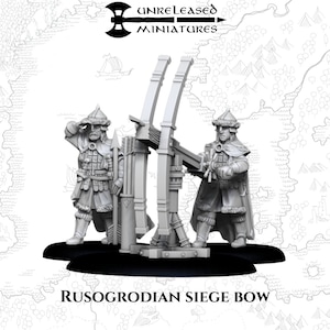 May include: A miniature set featuring two figures in historical garb, standing near a siege bow. The figures are in detailed armor and helmets. The text "UNRELEASED MINIATURES" and "RUSOGRODIAN SIEGE BOW" are visible.