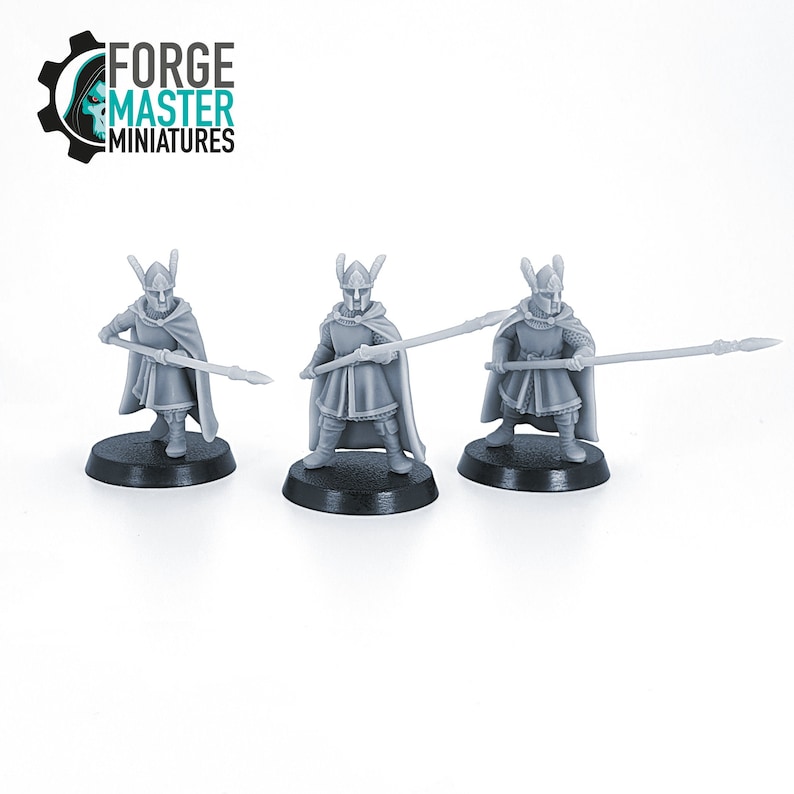 May include: Three gray plastic miniature figures of warriors wearing helmets and holding spears. The figures are standing on black bases.