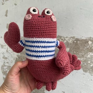 May include: A handmade crochet lobster toy in shades of red and white. The lobster has a striped blue and white shirt, pink cheeks, and large, expressive eyes. The toy is designed with a friendly, cartoonish aesthetic.