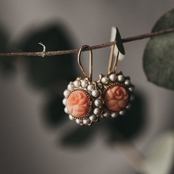 Genuine Hand Carved Coral Gemstone. Freshwater pearls. Sterling silver earrings. Gold vermeil. Inspired in jewel from The Victorian Era.