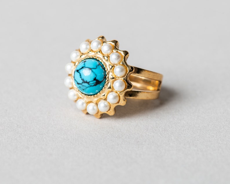 Antique /& Vintage Style Gold vermeil Sterling silver ring Inspired in jewel from The Victorian Era Genuine Turquoise Gemstone Ring