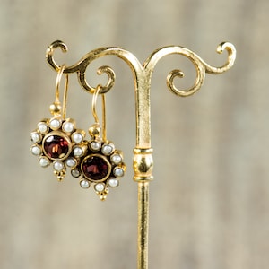 Genuine Garnet Gemstone. Freshwater Pearls. Sterling silver earrings. Gold vermeil. Inspired in jewel from The Renaissance. Antique Style. image 4