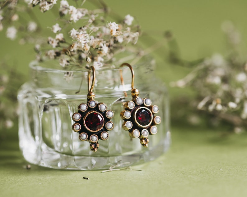 Genuine Garnet Gemstone. Freshwater Pearls. Sterling silver earrings. Gold vermeil. Inspired in jewel from The Renaissance. Antique Style. image 1