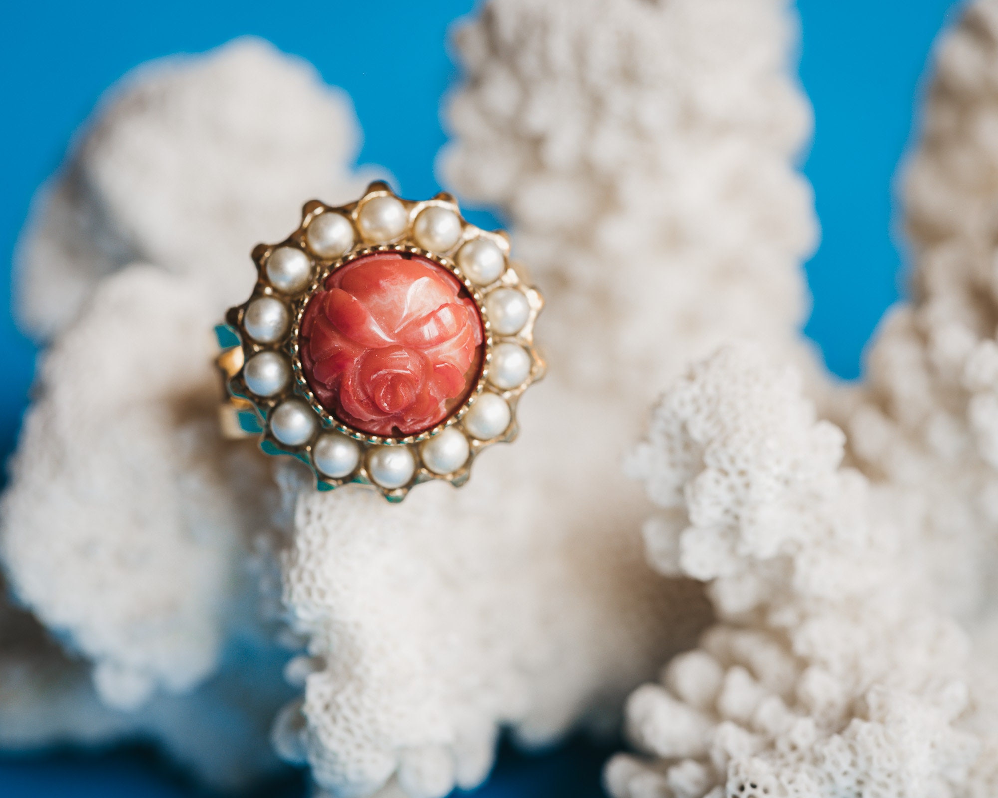 Genuine Hand carved Coral Ring. Sterling silver ring. Gold Etsy