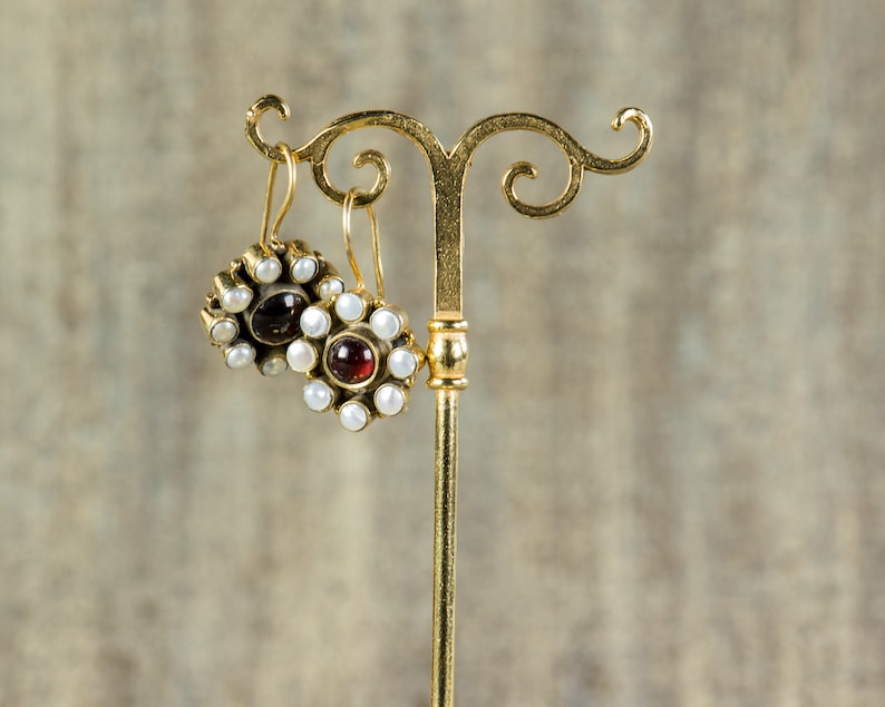 Genuine Garnet Gemstone. Freshwater Pearls. Sterling silver earrings. Gold vermeil. Inspired in jewel from The Renaissance. Antique Style. image 8