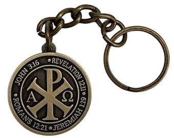 Chi Rho Christian Keychain, IXCI NIKA, Christ Conquers Verses