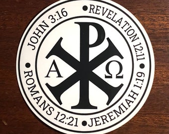 Chi Rho Sticker, Alpha and Omega, Christian With Verses