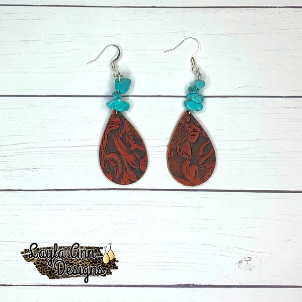 Light Brown Leather & Turquoise Bead Earrings | Western Earrings | Western Jewelry | Turquoise Earrings | Bead Earrings | Cowgirl Earrings