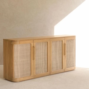 Rattan Sideboard Teak | 4-Door Cabinet with Adjustable Shelves | Natural Wood Sideboard | Boho Storage Cabinet | Handmade Furniture