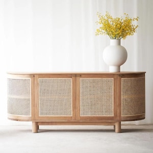 Rattan Sideboard | Teak 4-Door Cabinet | Solid Wood Buffet | Rattan Storage Cabinet | Modern Boho Furniture