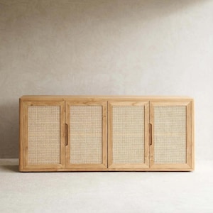 Rattan Sideboard Teak | 4 Door Buffet Cabinet | Natural Teak Sideboard | Rattan Credenza | Boho Storage Cabinet | Modern TV Unit