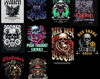 10 diseños de camisetas, sudaderas y sudaderas con calaveras PNG sublimadas coloridas, descarga para hombres y mujeres, regalos