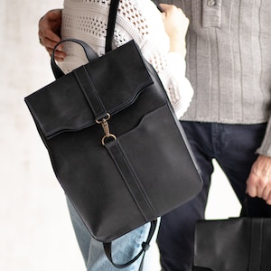 Black Leather Backpack: Unisex Laptop Backpack