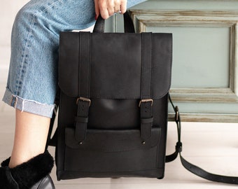 Leather Laptop Backpack: Small Black Personalized Women's Backpack