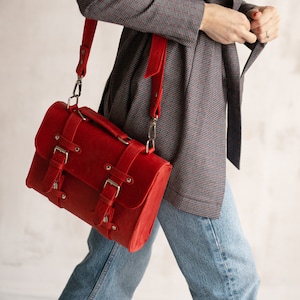 Cartable en cuir rouge pour femme, cartable en cuir, sac en cuir pour femme, sac en cuir souple, sac à main cartable en cuir véritable, sac besace en cuir