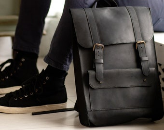 Mochila para portátil de cuero negro hecha a mano: Bolso de trabajo unisex