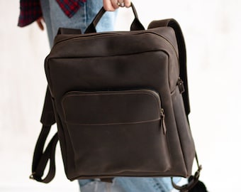 Genuine Leather Minimalist Backpack: Laptop Section, Unisex Brown