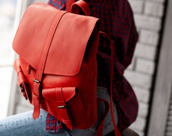 Red Leather Backpack: Women's College Laptop Rucksack
