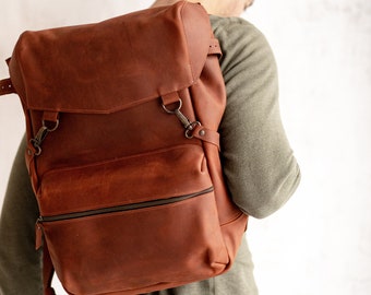 Cognac vintage leather backpack with lining for men,Travel backpack,Work backpack,Leather backpack,Laptop backpack,Travel bag,Mens rucksack
