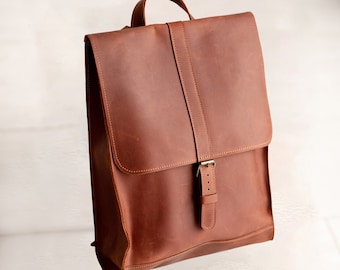 Cognac Leather Laptop Backpack: Unisex Vintage Style