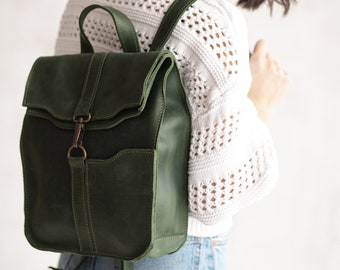 Green Leather Backpack Women: Small Everyday Backpack Purse