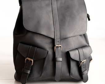 Schwarzer Lederrucksack mit Taschen, Lederrucksack, Rucksack für Männer, Kamerarucksack, Alltagsrucksack, Arbeitsrucksack, Personalisierter Rucksack