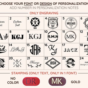 May include: A chart with 24 different font and design options for personalization. The options include text, initials, and logos. The chart is labeled "Only Engraving" and "Stamping (Only Text, Only in 1 Font)".