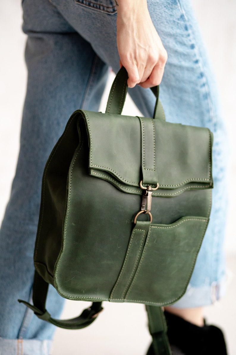 Small leather green college backpack women 3 SIZES,Leather backpack women,Small leather rucksack,Small leather bag women,College backpack image 2