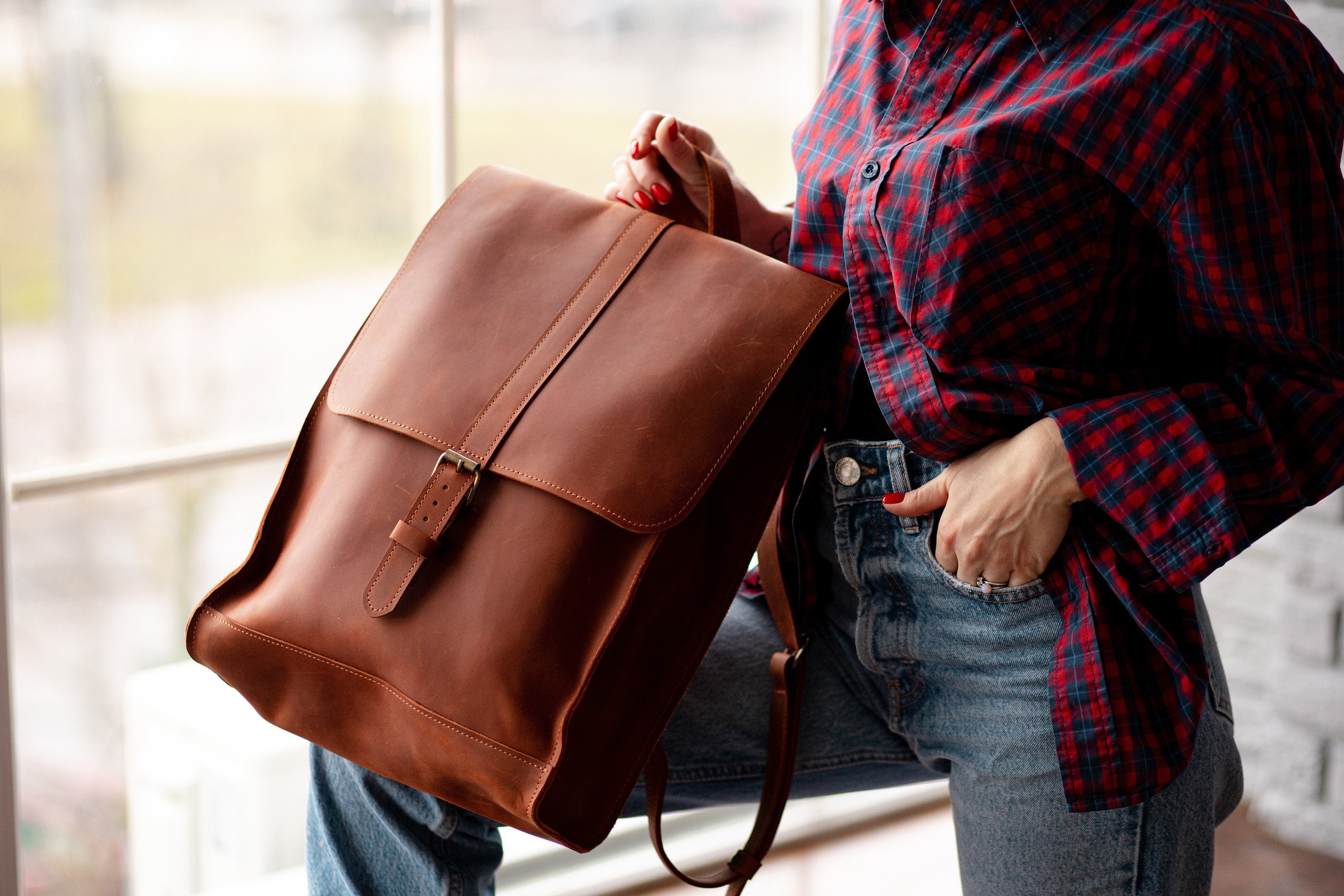 Cognac leather work backpack for womenBackpack womenLeather Etsy