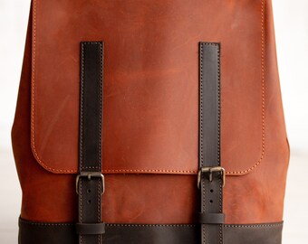 Cognac Brown Leather Backpack: Unisex Travel Laptop Bag