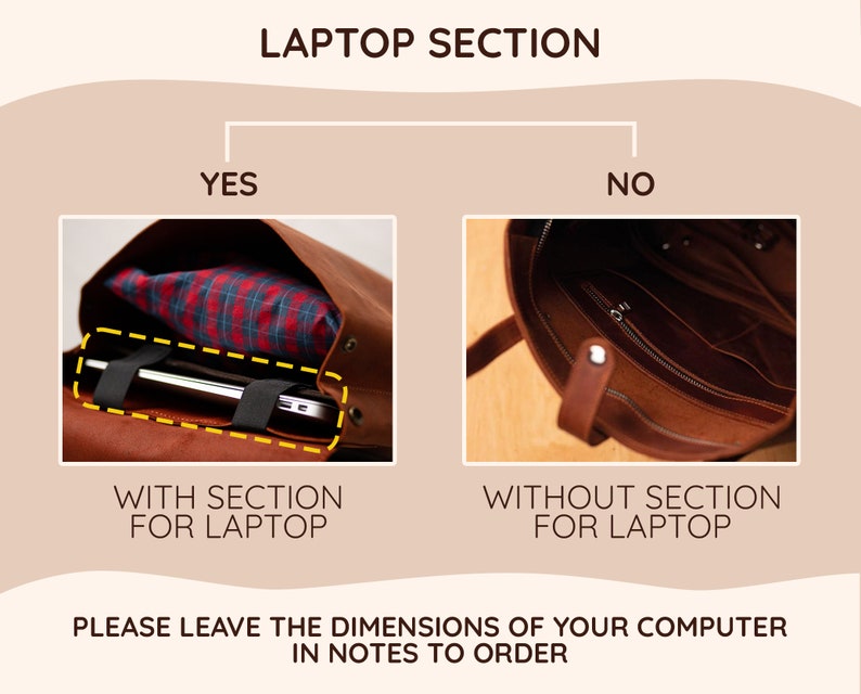May include: A side-by-side comparison of two brown leather bags. The bag on the left has a dedicated laptop compartment with black straps. The bag on the right does not have a laptop compartment. The text "Laptop Section" is at the top of the image. The text "YES" is above the bag on the left. The text "NO" is above the bag on the right. The text "With Section for Laptop" is below the bag on the left. The text "Without Section for Laptop" is below the bag on the right. The text "Please leave the dimensions of your computer in notes to order" is at the bottom of the image.