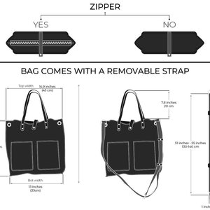 May include: A black tote bag with two pockets on the front. The bag has a zipper closure and comes with a removable strap. The bag measures 14.77 inches tall by 16.9 inches wide. The strap measures 51 to 55 inches long.